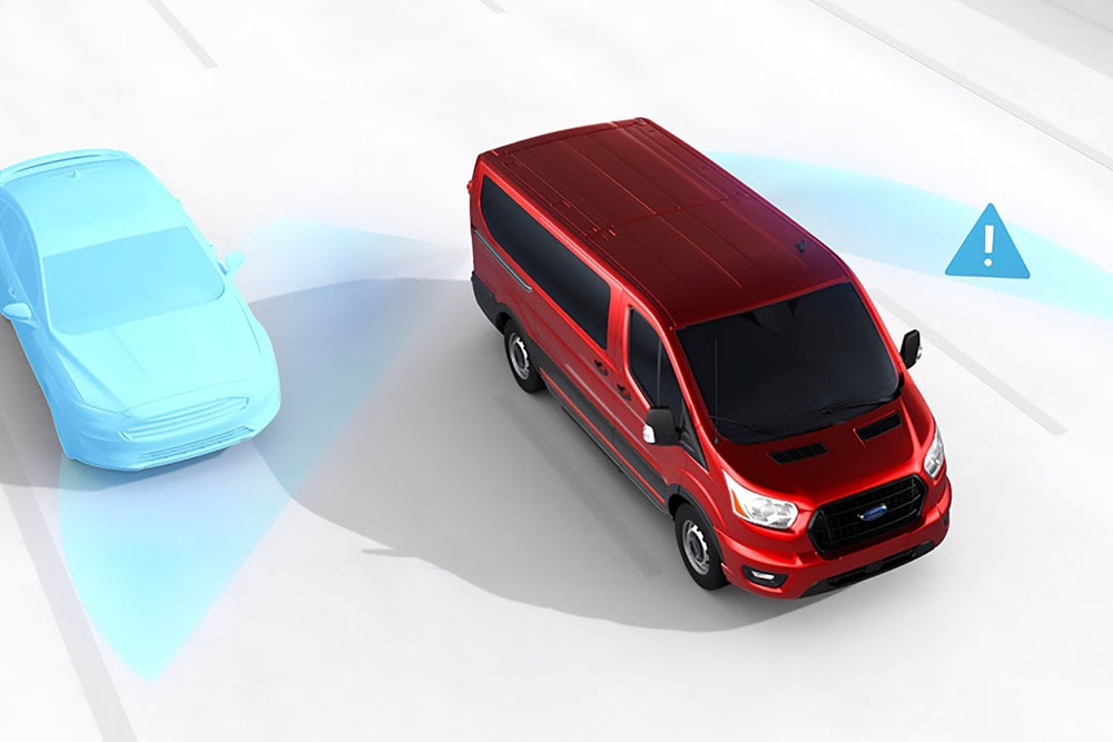 Grafische Ansicht von oben eines roten Ford Transit Vans mit Sicherheitswarnsymbolen.
