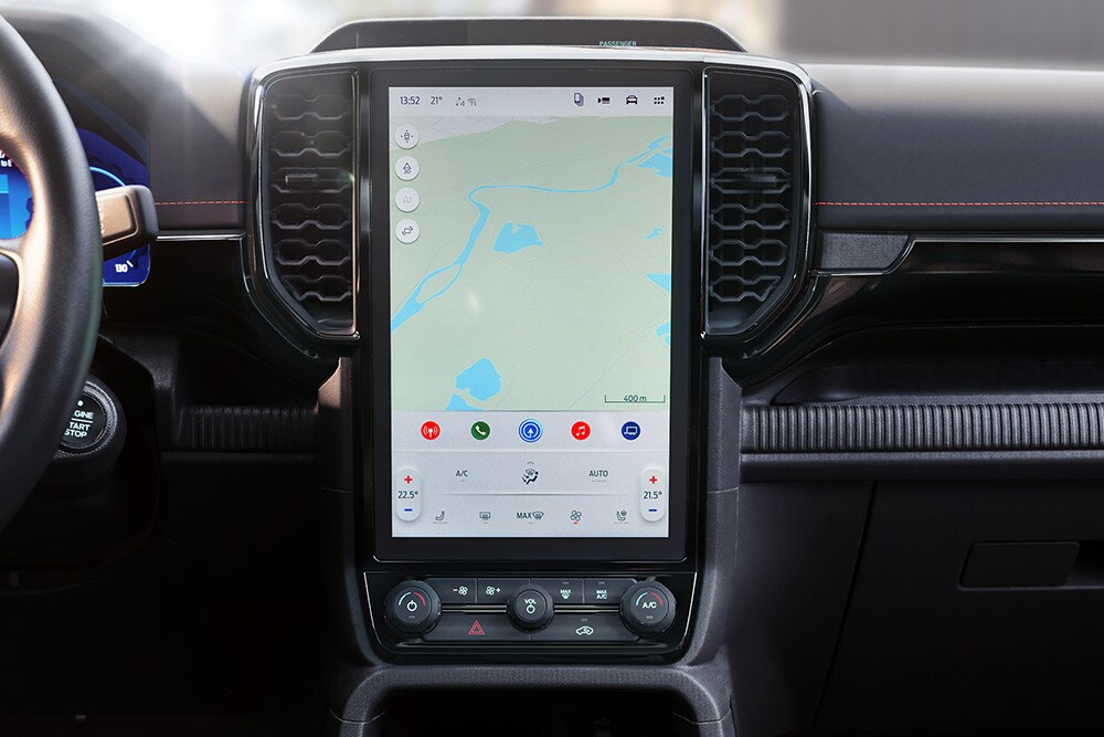 Nahaufnahme des zentralen 12-Zoll-Touchscreens SYNC™ 4 des Ford Ranger.