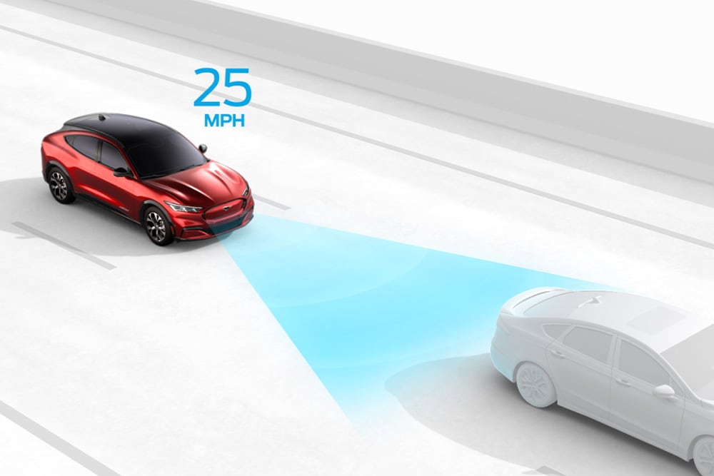 Grafik zur Veranschaulichung des intelligenten Geschwindigkeitsassistenten an einem Ford-Fahrzeug.