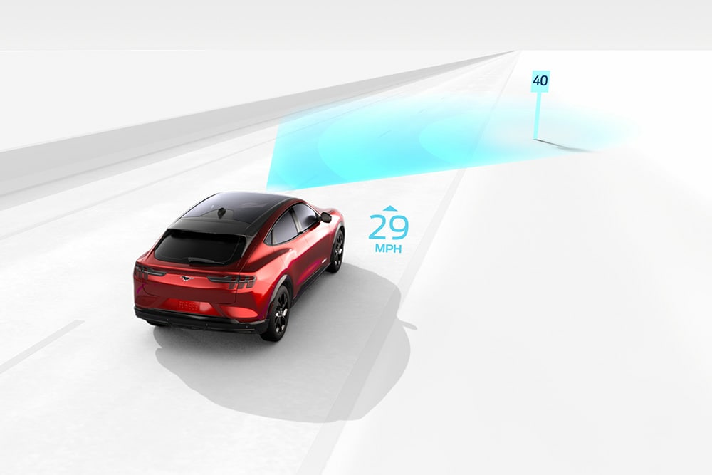 Grafik zur Veranschaulichung des Verkehrserkennungssystems an einem Ford-Fahrzeug.