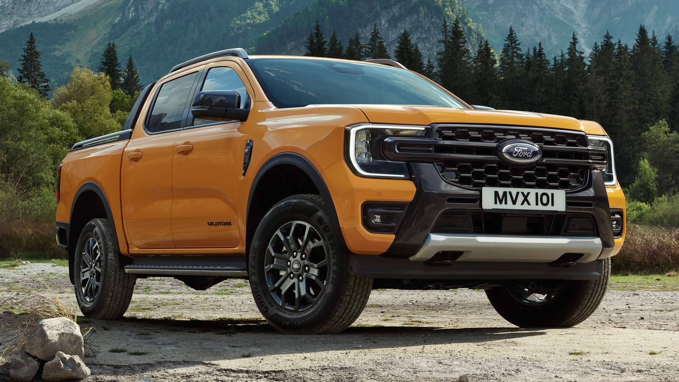 All-New Ford Wildtrak parked near mountains 3/4 front view