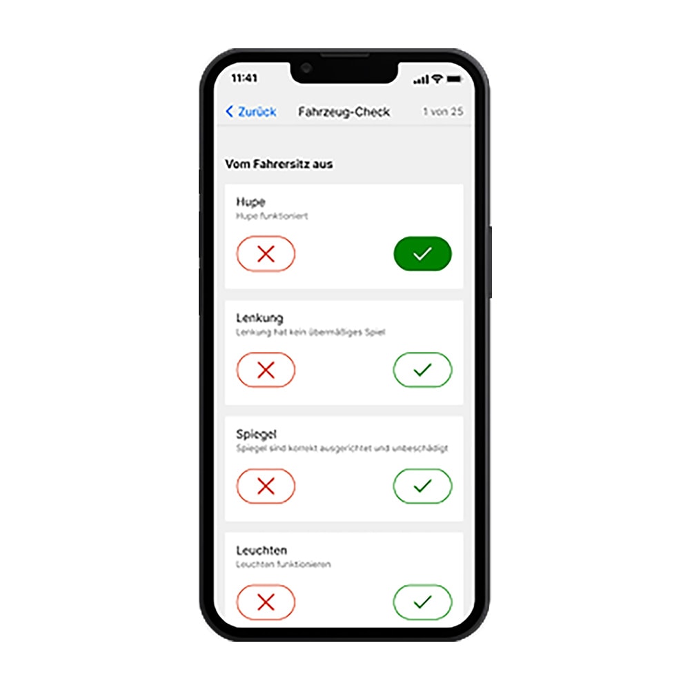 Ford Pro Telematics Drive Screenshot mit einer Checkliste zur Fahrzeuginspektion.