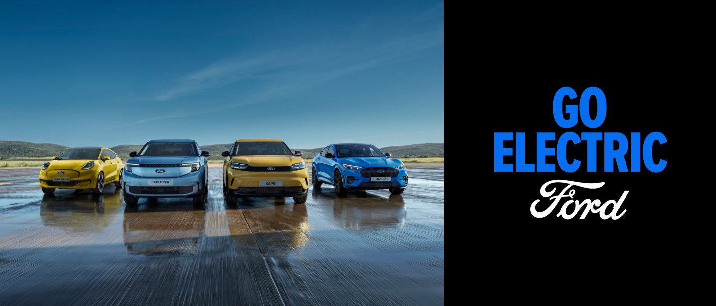 Reihe mit Ford Elektrofahrzeugen, darunter der Ford Puma Gen-E, Ford Explorer, Ford Capri und Ford Mustang Mach-E.