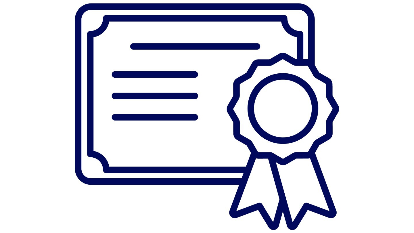 Symbol, das ein Zertifikat mit einem Band zeigt, beschriftet mit „Qualität“