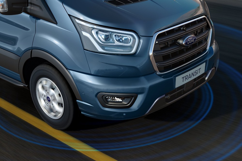 New Blue Das neue Spurhaltesystems des neuen Transit VanVan lane keeping system graphic