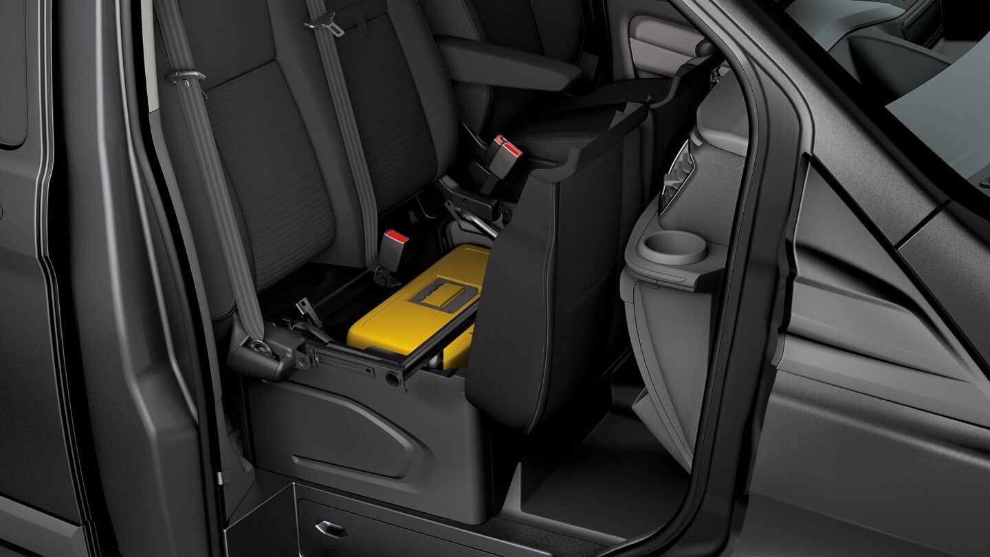 Ford Transit Custom Ausschnitt Beifahrer-Doppelsitz Stauraum im Detail